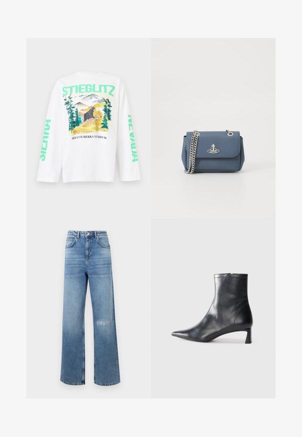 White long-sleeve t-shirt featuring a colorful mountain scene with a bear, and "STIEGLITZ" and "NEVADA" printed in green on the sleeves.; Light blue wide-leg jeans in denim fabric, featuring a high waist, five-pocket design, and "STIEGLITZ" embroidered on the left thigh.; Black leather ankle boot with a pointed toe and a sleek design. Features a low heel and a zipper closure at the back. Smooth texture.; Blue textured faux leather handbag with a silver chain strap and a logo accent on the front. Clasp closure with a flap design.