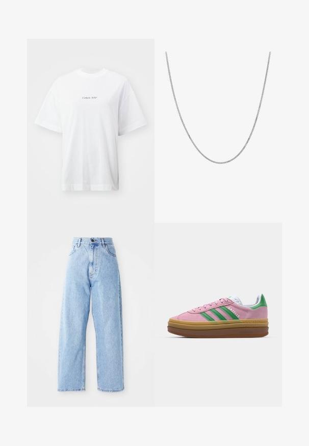 Weißes Baumwoll-T-Shirt mit lockerer Passform, kurzen Ärmeln, Rundhalsausschnitt und einem kleinen schwarzen "Carhartt, WIP"-Logo auf der Vorderseite.; Hoch-taillierte hellblaue Jeans mit geraden, weiten Beinen, vorderem Knopf, Reißverschluss und Front- sowie Gesäßtaschen.; Rosa Wildledersneaker mit grünen Streifen, weißen Akzenten und einer braunen Gummisohle. Verfügt über strukturierten Stoff und Logodetails an der Seite.; Silberne Kettenhalskette mit einem glatten, runden Flachglieddesign. Verfügt über eine glänzende Oberfläche und hat eine Länge von etwa 50 cm.