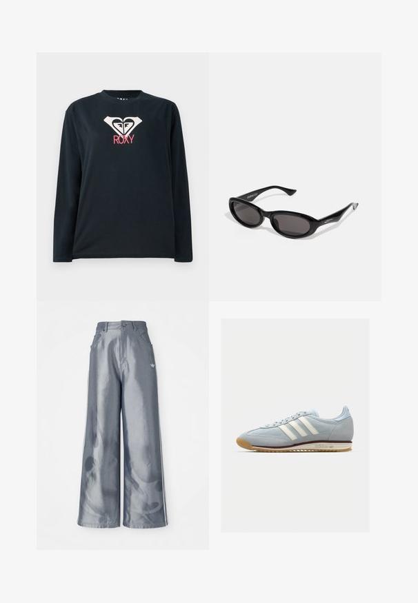 Svart langermet T-skjorte laget av bomull, med et hvitt hjerte-logo med to ansikter og "ROXY" i rosa under logoen.; Vide benbukser i skinnende grå materiale, med hvide sidestriber og et flammemønster på de nederste ben. Knap- og lynlåslukning i taljen.; Lys blå semsket sneakers med hvite tre striper, gummisåle og teksturert mesh. Har en jevn tåhette og merkevare på hælen.; Sorte ovale solbriller med mørke linser. Ramme er slank, litt glosset plast med skrå ender og subtil merkevare på stengene.