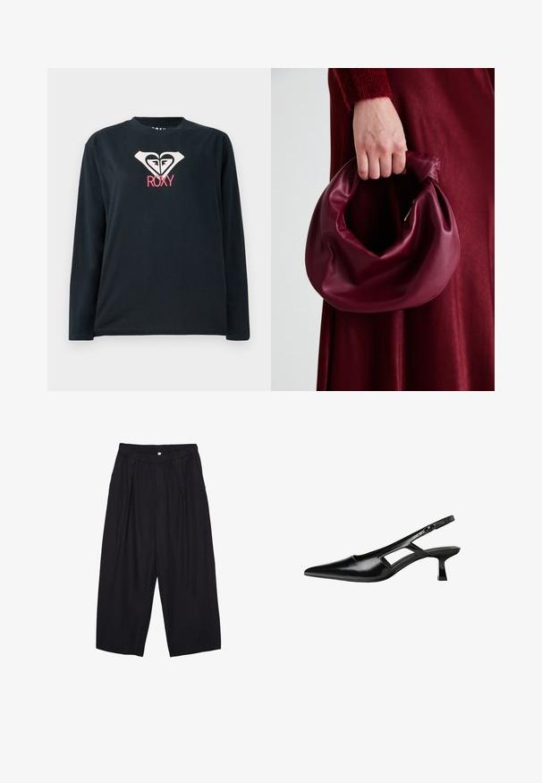 Crna dugorukava majica od pamuka, sa bijelim logotipom srca s dva lica i "ROXY" napisanim ružičastom bojom ispod logotipa.; Crne poliester hlače culotte s elastičnim pojasom, dva prednja nabora i širokim krojem. Nema vidljivih uzoraka ili metalnih detalja.; Crne lakirane natikače na remenčić sa špicastim nosom, dizajnom sa izrezima sa strane i malim kvadratnim potplatom. Glatka tekstura s minimalnim akcentima.; Bordo kožni ruksač s mekim, naboranim dizajnom i zaobljenim oblikom. Ručka je sigurno pričvršćena, pokazujući glatku teksturu.
