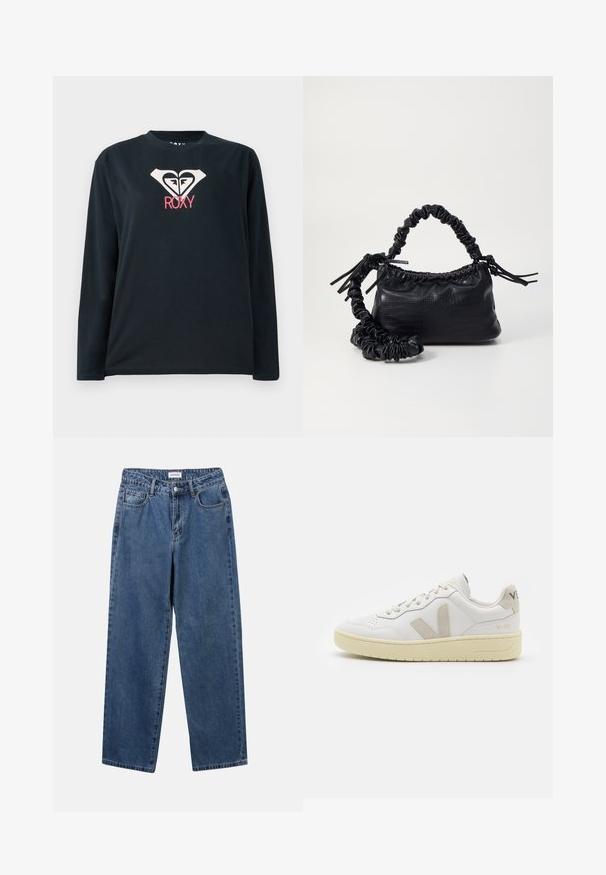 Sort langærmet T-shirt lavet af bomuld, med et hvidt hjerte logo med to ansigtstræk og "ROXY" i pink nedenfor logoet.; Klassiske blå denimbukser med lige ben, fem lommer og knaplukning. Har en medium vask og en robust tekstur.; Hvide lærreds sneakers med beige ruskindsdetaljer, perforeret tåboks, flade snørebånd og en struktureret cremefarvet sål. Har diskret branding på hælen.; Sort kunstlæder håndtaske med krokodilteksur, indsnøret top og en sammenkrøben rem. Ser blød og kompakt ud i designet.