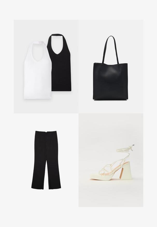 Dve bezrukávové tričká s výstrihom do V, jedno biele a jedno čierne, vyrobené z hladkej látky so jednoduchým dizajnom a bez viditeľných vzorov alebo ozdôb.; Čierne nohavice so strihom rovného strihu, s prednými vreckami a bočnými rozparkami na leme. Vyrobené z mäkkej, hladkej tkaniny. Vhodné na rôzne príležitosti.; Biele sandále na vysokom opätku s hrubým podpätkom, s pruhovaným dizajnom a viazaním na členku. Hladký povrch s platformou vpredu pre zvýšenú výšku.; Čierna kožená taška na rameno s hladkým povrchom, obdĺžnikovým tvarom a dvoma dlhými uchami. Bez viditeľného kovania alebo ozdôb.