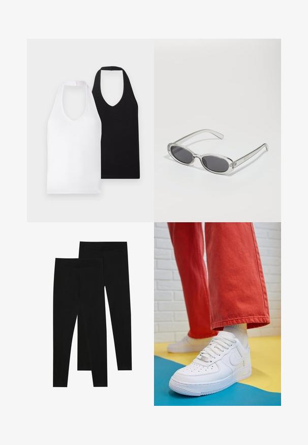 Dve bezrukávové tričká s výstrihom do V, jedno biele a jedno čierne, vyrobené z hladkej látky so jednoduchým dizajnom a bez viditeľných vzorov alebo ozdôb.; Čierne legíny vyrobené z elastického materiálu, s bezšvovým pásom a elegantným strihom, vhodné na bežné nosenie alebo cvičenie.; Biele kožené tenisky s perforovanou špičkou, textúrovanou podrážkou a bielymi šnúrkami, spárované so širokými červenými nohavicami na modrom a žltom pozadí.; Slnečné okuliare oválneho tvaru, s priehľadným plastovým rámom, tmavošedými šošovkami a tenkými priehľadnými ramienkami s logovými akcentmi a minimálnym detailovaním.