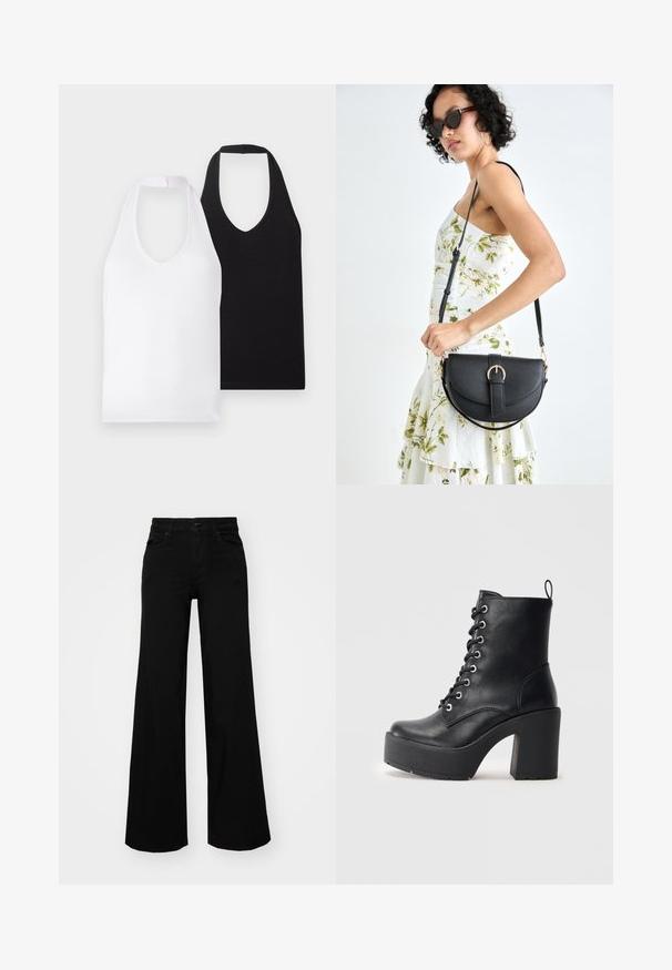 Dve bezrukávové tričká s výstrihom do V, jedno biele a jedno čierne, vyrobené z hladkej látky so jednoduchým dizajnom a bez viditeľných vzorov alebo ozdôb.; Čierne široké nohavice z denimu s pevným pásom, pútkami na opasok a prednými vreckami. Hladká štruktúra s klasickým dizajnom.; Čierne kožené členkové topánky s objemným blokovým podpätkom, šnurovaním vpredu a textúrovým povrchom. Obsahuje pútko na zadnej strane pre jednoduché obúvanie.; Čierna kožená kabelka s zaobleným tvarom, odnímateľným popruhom a zlatými doplnkami. Kabelka má klopu s detailom s prackou.