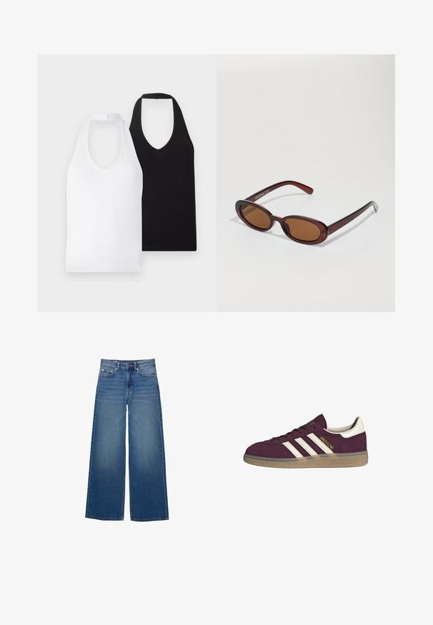 Två ärmlösa V-ringade linnen, ett vitt och ett svart, tillverkade av slätt tyg med en enkel design och utan synliga mönster eller utsmyckningar.; Vida jeans i denim med vida ben, hög midja, sydda detaljer och en enkel design med en lätt blekningseffekt.; Mörk röd mockaskor med vita tre ränder och beige detaljer. Har en strukturerad gummisula och guldbranding på sidan.; Runda, bruntonade solglasögon med en glansig bordeauxfärgad ram. Smala bågar med subtilt varumärkesdetalj. Platt linsdesign.; Brun vävd läderhandväska med en slapp, triangulär form. Har ett flätat handtag och en dragkedjestängning längs toppen.