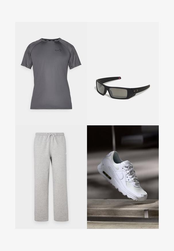 Endless FEISTY HEXAGON - Print T-shirt - titanium; Gray sweatpants made of soft fabric, featuring an elastic waistband with a drawstring, straight legs, and a small logo on the side.; White Nike Air Max 90 sneaker featuring a mesh and leather upper, perforated toe box, and a visible air unit in the heel.; Black sunglasses with a matte finish, rectangular lenses, slight curve on temples, subtle logo detail, and smoke-tinted lenses.