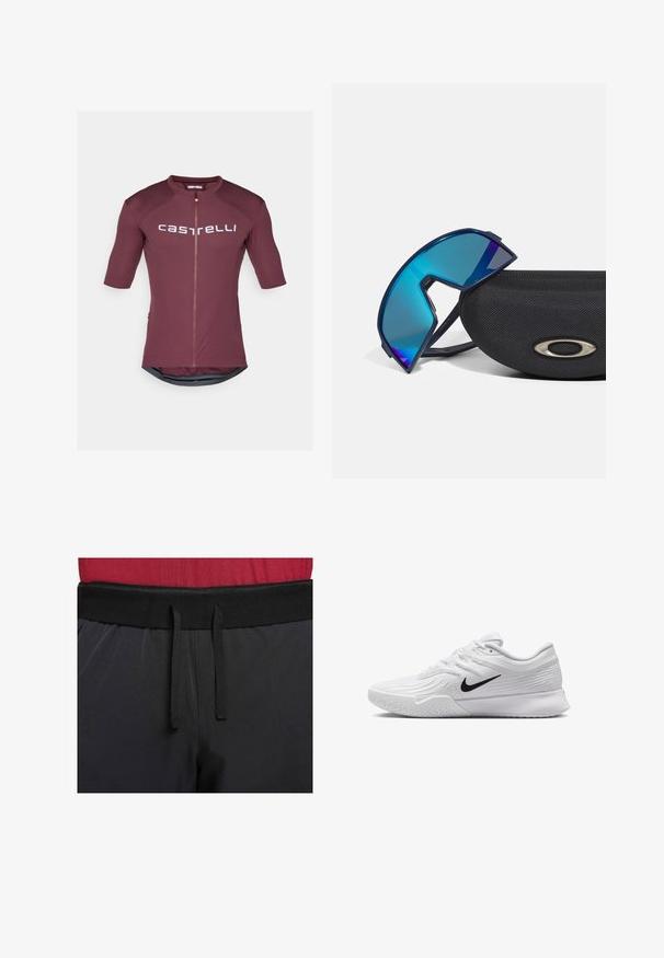Kortärmad cykeltröja i djup burgundy med helt frontdragkedja. Har vit logotyptext och en bakre meshpanel för ventilation.; Svart träningsbyxor med ett brett midjeband och en extern dragsko. Tyget är slätt med en lätt lyster och utan synliga mönster.; Vit träningsskor med strukturerad mesh-överkonstruktion, svart Nike-swoosh, vadderad krage och gummiyttersula med mönster.; Blåtonade omlott solglasögon med en sportig design, vilande på ett texturerat svart etui med en metallisk logotypaccent.