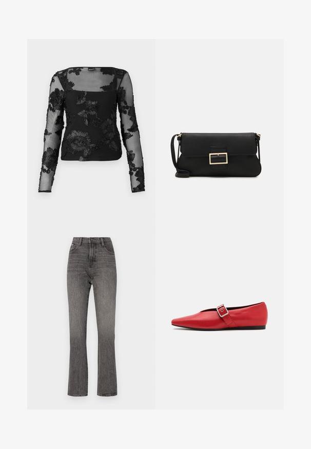 Melna garām piedurknēm blūze, izgatavota no caurspīdīga auduma, ar teksturētām izšūtām ziedu rakstām uz piedurknēm un priekšpuses, ar kvadrātveida dekoltē.; Augsti vidukļa platplecu džinsi gaiši pelēkā denima, ar izbalējušu tekstūru un klasisku 5 kabatu dizainu. Priekšējā pogas un rāvējslēdzēja aizdare.; Sarkanais ādas plakanās kurpes ar smailu purngalu, ar sānu siksnu un metāla sprādzi, kā arī zemu melnu papēdi. Visa virsma ir gluda.; Melnas ādas saķeres soma ar atloku un zelta metāla sprādzi. Ietver melnu siksnu un elegantu, minimālistisku dizainu.; Sudraba gredzenveida auskari ar savītu dizainu, kas ir ar pulētu apdari un ar aizmugurēju fiksāciju. Izmērs ir aptuveni 3 cm diametrā.