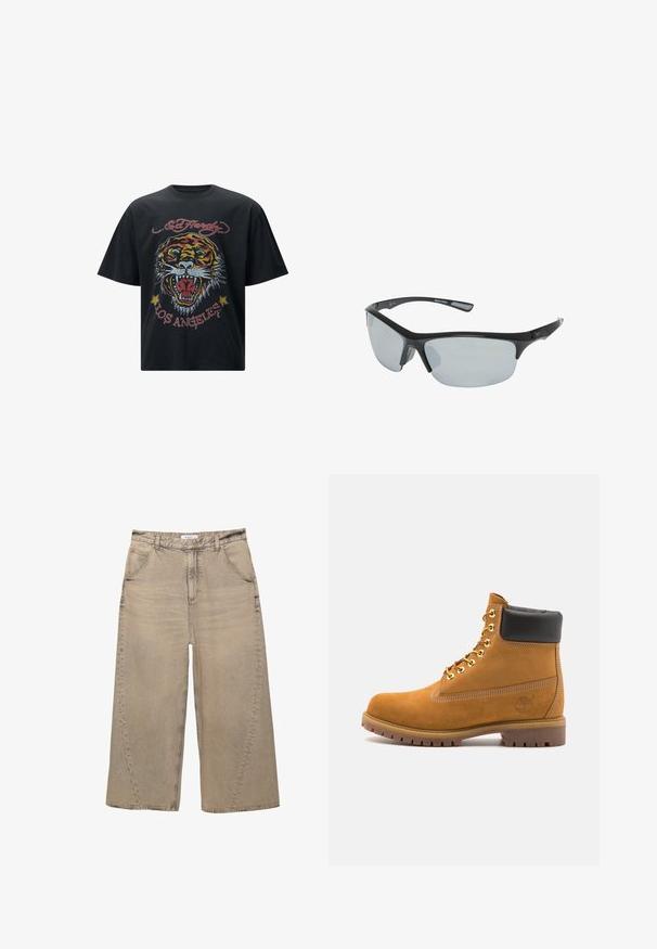 Černé tričko s krátkým rukávem, na kterém je velký barevný potisk tygra s červenými a žlutými akcenty a textem "Ed Hardy Los Angeles".; PULL&BEAR MEGA BAGGY - Baggy džíny - light grey; Hnědé semišové kotníkové boty s černým polstrovaným límcem, zlatými kovovými očky, bílým prošíváním a odolnou gumovou podrážkou s výraznými drážkami.; Černé plastové sportovní sluneční brýle se šedými čočkami, aerodynamický design, zakřivený tvar a texturované nožičky pro lepší úchop.