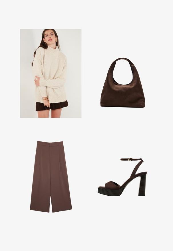 Beige svetr s vysokým límcem, žebrovanými manžetami a lemem. Oversized střih s jemnou texturou. Kombinovaný s hnědou sukni.; Hnědé široké kalhoty s hladkou texturou, vysokým pasem a předními záhyby. Materiál je lehký a volně splývá.; Hnědé semišové sandály na vysokém podpatku s otevřenou špičkou, nastavitelným páskem kolem kotníku a proužkovou platformou.; Měkká hnědá kabelka ve stylu hobo s jedním širokým popruhem a zakřiveným horním otvorem, vystavená na bílém pozadí.