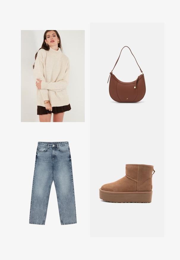 Šviesiai ruda megztinis su aukštu kaklu, juostelėmis rankogaliuose ir apačioje. Per didelis stilius su švelnia tekstūra. Derinamas su rudais sijonais.; Šviesiai mėlynos džinsinės kelnės su tiesiu kelnės siluetu, matomomis siūlėmis, penkių kišenių dizainu ir mygtuko uždarymu juosmens srityje.; Smėlio spalvos zomšiniai kulkšninių batai su platformos padu, apvaliu nosiu ir siuvinėjimo akcentais; turi kilpos užpakalinėje dalyje, kad būtų lengviau užsidėti.; Ruda dirbtinės odos petinė piniginė su kreiva forma, minimalia siuvimo linija ir auksinės spalvos įranga. Yra užtrauktuko uždarymas viršuje ir reguliuojama petneša.