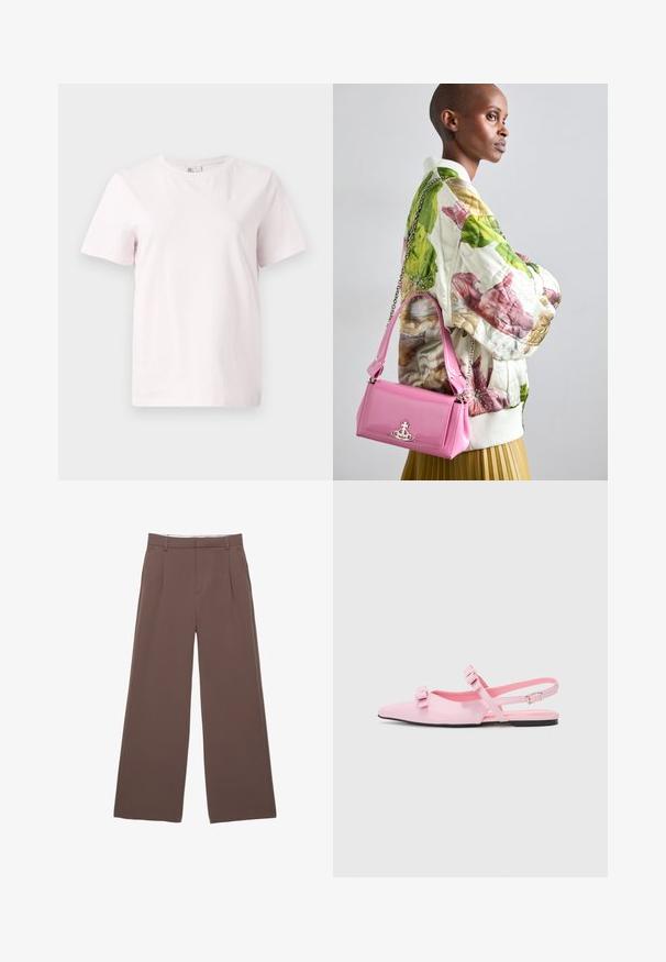 Svetloružové tričko s krátkym rukávom vyrobené z bavlny, s okrúhlym výstrihom a voľným strihom. Hladká textúra bez vzorov alebo akcentov.; Široké nohavice z pevnej hnedej látky s hladkou textúrou, prednými záhybmi a prispôsobeným pásom. Žiadne viditeľné logo ani vzory.; Ružové, ploché slingback topánky s špicatou špičkou a dvoma dekoračnými mašľami. Hladký syntetický materiál, minimalistický dizajn a tenký členkový remienok.; Prešívaná kvetinová bomber bunda v zelenej, ružovej a béžovej farbe; skombinovaná s lesklou ružovou kabelkou s řetízkem a logom.