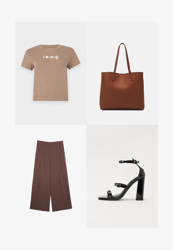 Ruskea puuvillainen t-paita, jossa on pyöreä kaula-aukko. Täydentää valkoiset graafiset elementit: kaktus, aurinko, aallot, käsi ja sydän. Lyhyet hihat.; Ruskeat leveälahkeiset housut, joissa on sileä pinta, korkea vyötärö ja etupleat. Kangas on kevyttä ja laskeutuu väljänä.; Musta kiiltävä korkokenkä sandaalit neliönmuotoisella varpaalla, nilkkaremmillä ja hopeisilla soljilla. Varustettu tukevalla lohkokorkealla vakauden takaamiseksi.; Ruskea nahkainen olkalaukku, jossa on sileä pinta, avoin yläosa ja kaksi olkahihnaa. Omaavat vain minimaalisen ompelun eikä näkyvää metalliosaa.