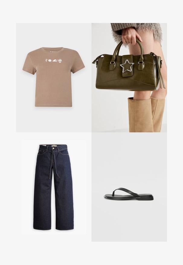 Rjava bombažna majica s krožnim izrezom. Ima bele grafične elemente: kaktus, sonce, val, roka in srce. Kratke rokave.; Široke temno modre kavbojke z visokim pasom, ki imajo vrvico za zavezovanje, pet žepov in kontrastne šive.; Črne japanke iz gladke usnjene materiale, z tankim trakastim dizajnom in ravnim podplatom minimalnega profila. Brez opaznih vzorcev ali dodatkov.; Olivnozeleno usnjeno ročno torbico z srebrno zvezdo, dvema ročajema in zadrgo. Teksturna površina in strukturirana oblika.