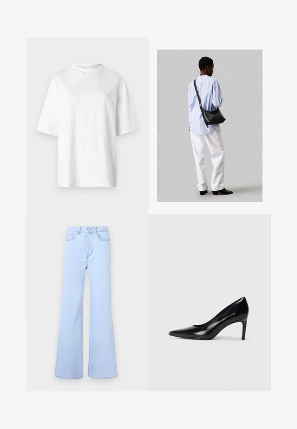 Fehér pamut póló kerek nyakkivágással, rövid ujjakkal és laza szabással. Az anyag simának és enyhén könnyűnek tűnik.; Világoskék, bő szárú farmernadrág, magas derékkal, öt zsebbe, gombos záródással és sima denim textúrával. Szélek szépen varrottak.; Fekete bőr magassarkú cipő, hegyes orral, sima textúrával és kúpos sarkal. Minimalista dizájn, nincsenek további díszítések.; Fekete bőr válltáska puha tapintással, háromszög alakú, állítható pánttal, világoskék csíkos inggel és fehér nadrággal párosítva.