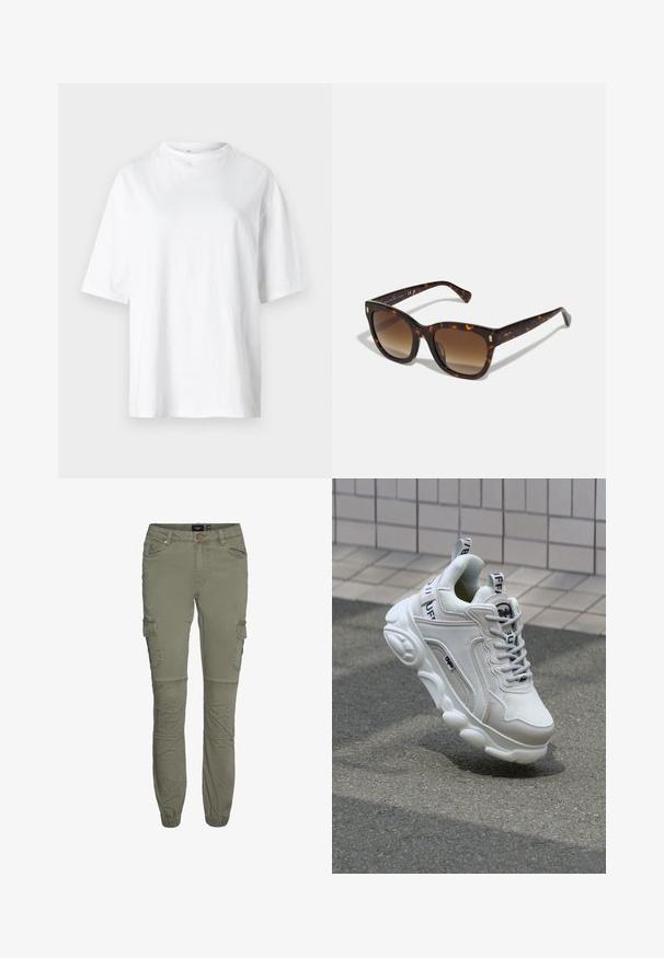 Biela bavlnená tričko s okrúhlym výstrihom, krátkymi rukávmi a voľným strihom. Tkanina sa zdá hladká a trochu ľahká.; Olive zelené cargo nohavice z odolnej bavlnenej zmesi s užšími manžetami, viacerými vreckami a prestrihmi na kolenách pre väčšiu pohyblivosť.; Biele tenisky s materiálmi z textilu a kože, okrúhla špička, hrubá podrážka, výrazné šnúrky a značka na päte a jazyku.; Slnečné okuliare v tvare štvorca z korytnačinového vzoru so zlatohnedými gradientnými sklami, s zlatými akcentmi na ramenách a hrubým, lesklým rámom.