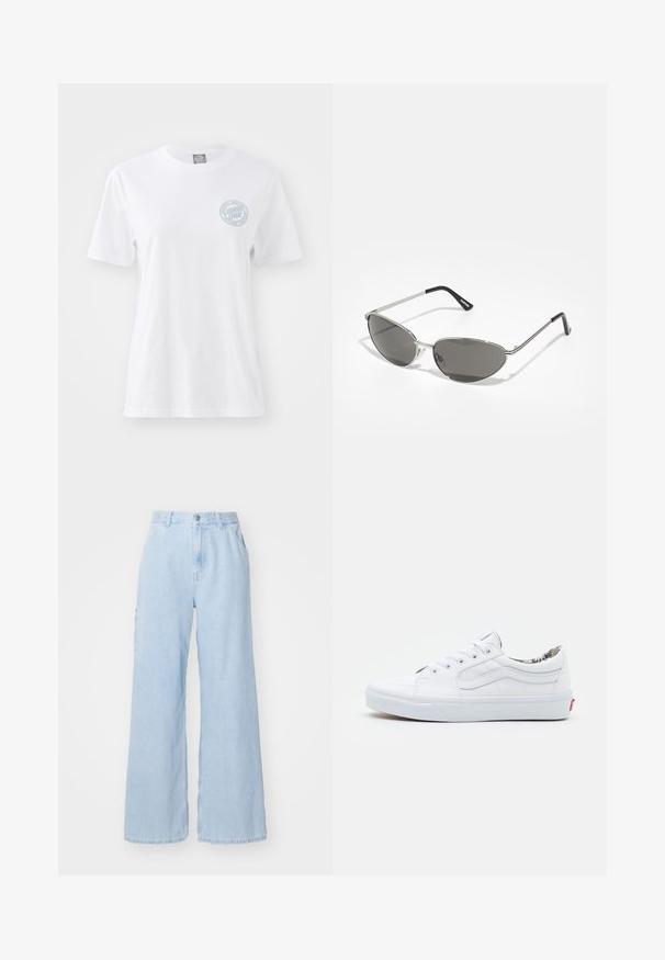 Hvit bomulls t-skjorte med rund hals og kort erm. Har en blå sirkulær logo på venstre brystområde. Standard passform.; Lys blå vide jeans laget av denim, med frontlommer, beltehemper og knappelukking. Flat tekstur og ren finish.; Hvite lerrets sneakers med lavt design, rund tå, snøring, polstret krage og mønstrede innerfor. Rød logotab på hælen.; Solbriller med en slank, sølvmetallisk ramme, gråtonede linser og et aerodynamisk design med spisse kanter og tynne armer.