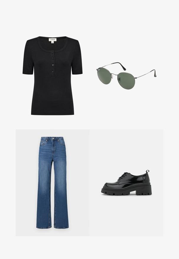Fekete, rövid ujjú felső, kerek nyakkivágással, bordás textúrával és négy gombos légzáróval. Az anyagok és a varrás részletei láthatók.; Magas derekú, bő szárú kék farmernadrág, klasszikus öt zsebes kialakítással, a nadrág szárain pedig finom kopásnyomokkal.; Fekete lakkbőr cipők vastag talppal és széles fűzővel. Kerek orr, minimális díszítés és egy kis sarkantyú a hátsó részén.; Fémkeretes napszemüveg ovális zöld lencsékkel. Vékony ezüst színű fémkeret és fekete fülrész. Minimalista dizájn, látható logók nélkül.