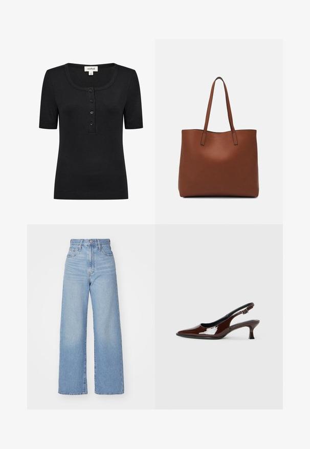 Top scurt negru cu mânecă scurtă, guler rotund, textură ribbed și închidere cu patru nasturi. Detaliile materialelor și cusăturilor sunt vizibile.; Jeans cu talie înaltă, de culoare albastru deschis, cu croială largă, dotate cu nasture și fermoar la față, buzunare în față și spate, pe un fundal alb.; Pantofii slingback din piele patent maro, cu vârful ascuțit și un toc moderat. Prezintă o curea cu prindere pentru o potrivire sigură. Textură netedă.; Geantă de umăr din piele maro cu o textură netedă, design cu vârf deschis și două curele pentru umăr. Prezintă cusături minime și fără componente metalice vizibile.