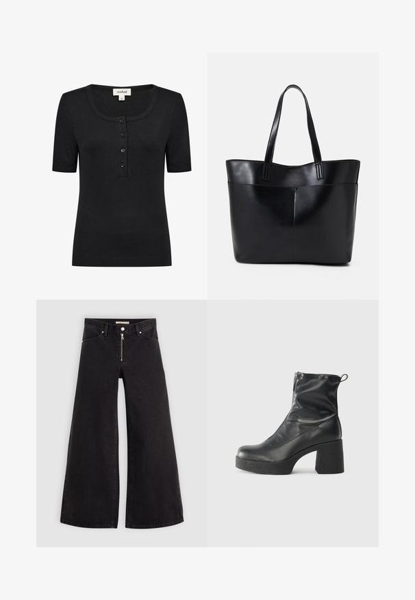 Melns īsām piedurknēm tops ar apaļu izgriezumu, ribota struktūra un četru pogu slēgšana. Materiāli un šuvju detaļas ir redzamas.; Platas kājas džinsi melnā džinsa audumā ar rāvējslēdzēju priekšā, piecu kabatu dizains un smalkas šuvju detaļas. Gluda tekstūra un ikdienišķs stils.; Melni potītes zābaki, kas izgatavoti no gludas ādas, ar sānu rāvējslēdzēju, masīvu strukturētu papēdi un noapaļotu purngalu.; Melnas ādas iepirkumu soma ar divām garām rokturām, gludu tekstūru un strukturētu formu. Iekļauj priekšējo kabatu papildu uzglabāšanai.