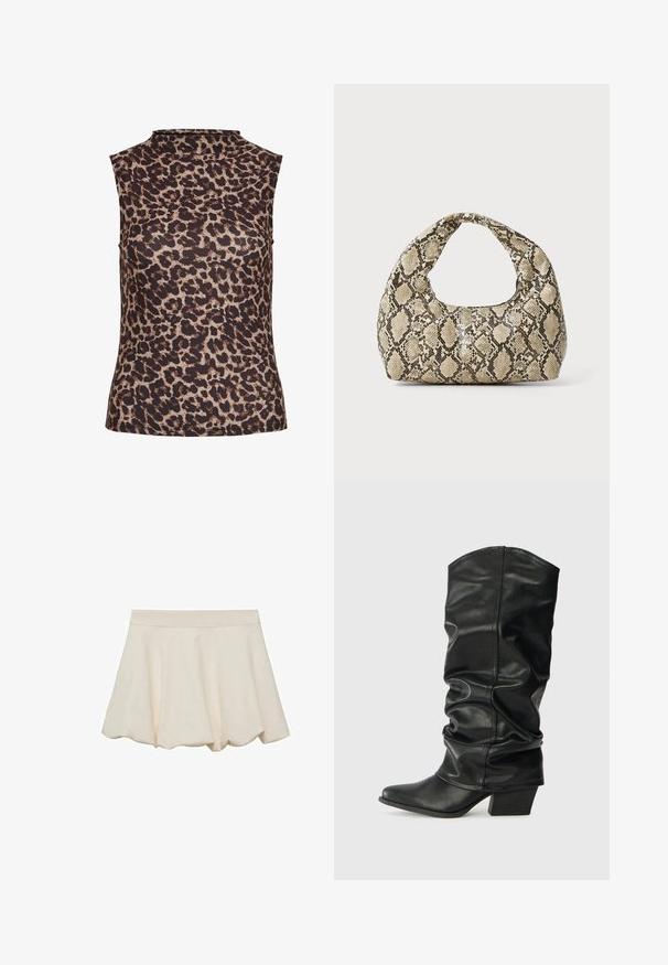 Sleeveless top in leopard print, featuring a high neckline. Made from a smooth, stretchy fabric with a brown and beige color scheme.; Cream-colored skirt with a soft, smooth texture, flared design, and a scalloped hem. Features a wide, elastic waistband for comfort.; Black leather knee-high boots with a slouched design, pointed toe, and a chunky heel, featuring smooth texture and minimal stitching.; Snake-print handbag with a curved handle. Made from textured, beige and brown materials, featuring a distinctive diamond pattern.