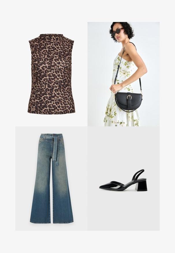 Mouwloos topje in luipaardprint, met een hoge hals. Gemaakt van een gladde, rekbare stof met een bruin en beige kleurenschema.; Wijduitlopende denim broek met een lichte naar donkere blauwe gradient, hoge taille, riemlussen en een bijpassende stoffen riem. Gestructureerde denimafwerking.; Zwarte gepatineerde leren slingback hakken met een spitse neus en een geometrische blokhak. Kenmerkt zich door een slank, minimalistisch ontwerp en een gladde textuur.; Zwarte leren handtas met een gebogen vorm, afneembare schouderband en gouden hardware. De tas heeft een klep met een gespsluiting.