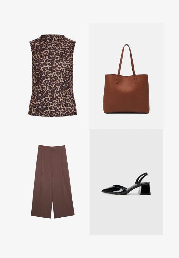 Top bez rukávov v leopardom vzore, s vysokým golierom. Vyrobený z hladkej, elastickej tkaniny s hnedo-bežovou farebnou schémou.; Hnedé nohavice so širokými nohavicami a hladkou textúrou, s vysokým pásom a prednými skladmi. Tkanina je ľahká a voľne sa pohybuje.; Čierne lakované kožené sandálové podpätky s špicatou špičkou a geometrickým blokovým podpätkom. Disponujú elegantným, minimalistickým dizajnom a hladkým povrchom.; Hnedá kožená taška na rameno s hladkou textúrou, otvoreným vrchom a dvoma ramenými popruhmi. Má minimálne šitia a žiadne viditeľné kovania.