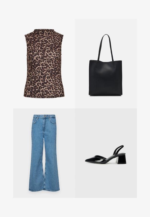 Top senza maniche con stampa leopardata, caratterizzato da un colletto alto. Realizzato in un tessuto liscio e elasticizzato con una combinazione di colori marrone e beige.; Jeans svasati di un blu chiaro, realizzati in denim, con vita alta, cinque tasche e chiusura a un bottone. Morbido al tatto con una finitura scolorita.; Décolleté in vernice nera con punta affusolata e tacco in geometria cubica. Presentano un design elegante e minimalista, con una texture liscia.; Borsa tote in pelle nera con texture liscia, forma rettangolare e due manici lunghi. Nessun hardware o decorazione visibile.