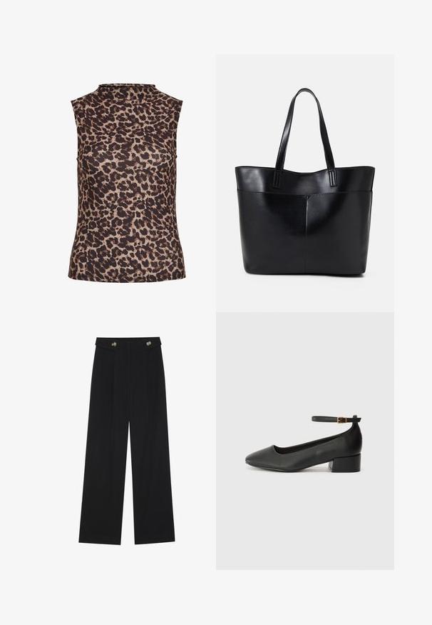 Sømløs topp i leopardmønster med høy hals. Laget av et glatt, elastisk stoff med en brun og beige fargekombinasjon.; Svart vide bukser med høy midje, knappdetaljer på midjebåndet og frontplisser.; Sorte skinnpumper med spiss tå og lav blokkhelt. Har ankelrem med gullfarget spenne. Glatt tekstur.; Svart lær toteveske med to lange håndtak, en glatt tekstur og en strukturert form. Har en frontlomme for ekstra oppbevaring.