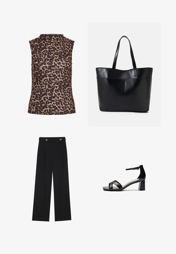 Sleeveless top in leopard print, featuring a high neckline. Made from a smooth, stretchy fabric with a brown and beige color scheme.; Black wide-leg trousers with high waist, button details on waistband, and front pleats.; Black open-toe heeled sandal with crossed straps, adjustable ankle strap, and a chunky heel, featuring a smooth leather texture.; Black leather tote bag with two long handles, a smooth texture, and a structured shape. Features a front pocket for additional storage.