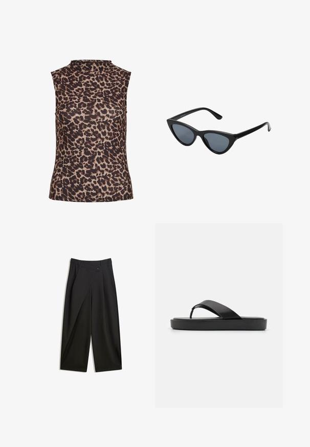 Top senza maniche con stampa leopardata, caratterizzato da un colletto alto. Realizzato in un tessuto liscio e elasticizzato con una combinazione di colori marrone e beige.; Pantaloni neri a gamba larga realizzati in tessuto morbido. Presentano una piega frontale, chiusura con bottone e una vita sagomata per una vestibilità elegante.; Infradito neri con una fascia superiore liscia e una suola piatta strutturata. Design minimalista con una silhouette a profilo basso.; Occhiali da sole cat-eye neri con lenti grigie scure, montatura in plastica elegante, angoli appuntiti e tempie dritte. Nessuna ferramenta o accenti visibili.; Borsa tote in paglia intrecciata naturale con superficie testurizzata, grande apertura superiore, forma curva e manico in pelle scura. Presenta un accento nero alla base.