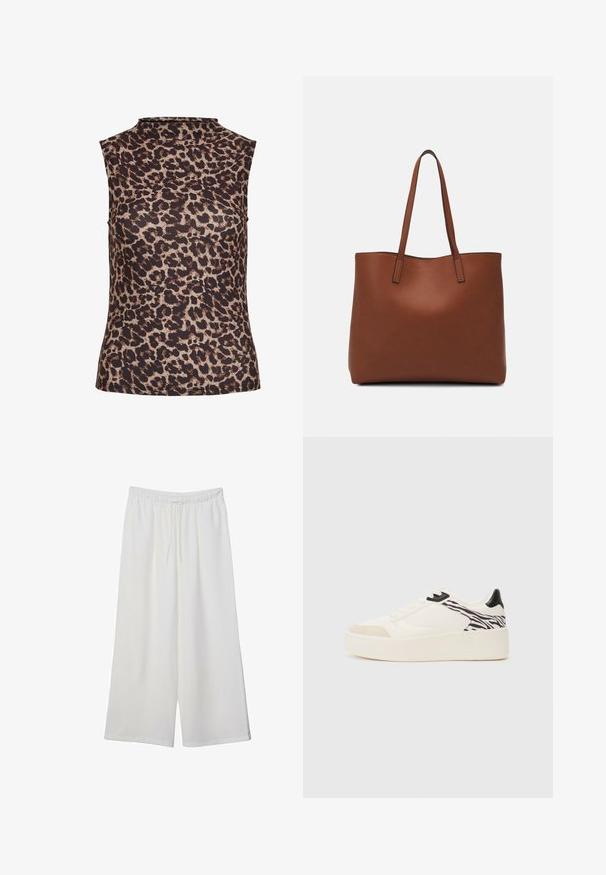 Top bez rukávů v leopardím vzoru, s vysokým výstřihem. Vyrobeno z hladkého, elastického materiálu v hnědo-bežové barevné kombinaci.; Bílé kalhoty s širokými nohavicemi vyrobené z lehké tkaniny, s elastickým pasem a stahovací šňůrkou pro nastavitelnou velikost. Hladká textura.; Even&Odd Tenisky - white/black; Hnědá kožená taška přes rameno s hladkou texturou, otevřeným designem a dvěma ramenními popruhy. Obsahuje minimální švy a žádné viditelné kovové prvky.