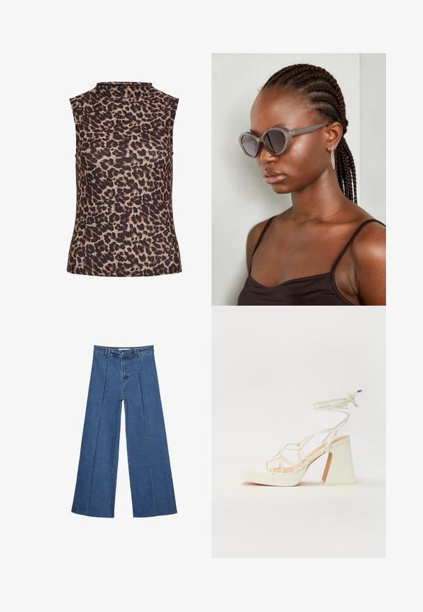 Top brez rokavov v leopardjem vzorcu, z visokim ovratnikom. Narejen iz gladkega, razteznega materiala v rjavi in bež barvni shemi.; Jeans širokih nogavic v srednji modri barvi, z visokim pasom, gumbom in kontrastnimi navpičnimi šivi spredaj.; Bela sandala na visokih petah s debelim petam, ki ima obliko trakcev in vezanje okoli gležnja. Gladka tekstura z platformo spredaj za dodatno višino.; Sive velike sončne očala z zaobljeno obliko in temnimi lečami. Elegantno plastično ogrodje z gladko površino. Model ima spletene lase.
