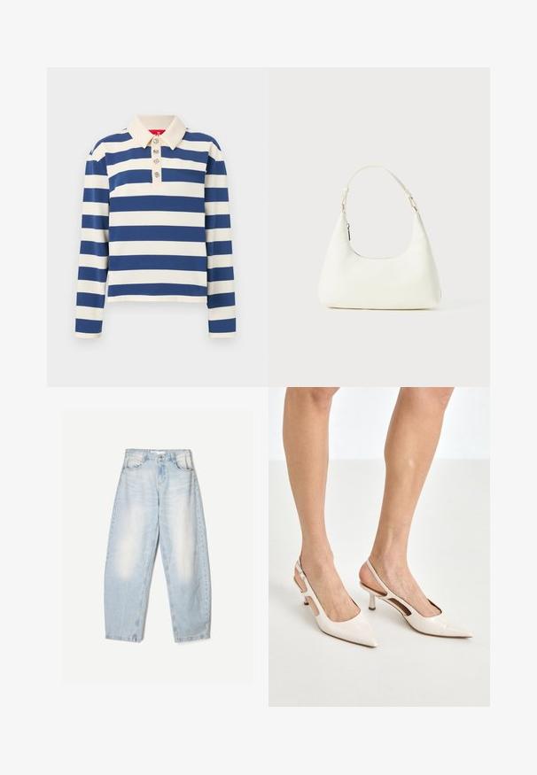 Prugasta polo majica koja sadrži široke mornarsko plave i krem pruge, ovratnik i pet ukrasnih dugmadi sprijeda. Duge rukave.; Bela košulja s dugim rukavima, klasičnom kragnom i opuštenim krojem. Izrađena od lagane tkanine s glatkom teksturom.; Svijetloplave traperice s širokim krojem, s izblijedjelim završetkom, dva prednja džepa i dugmetom za zatvaranje na struku.; Bež cipele na petu od lakiranih koža s uskim vrhom i petom od 5 cm, s izrezanim stranama i tankim remenom oko gležnja.; Mala mala bijela torbica s jednim podesivim remenom i zatvaračem na munje, postavljena na jednostavnoj bijeloj pozadini.