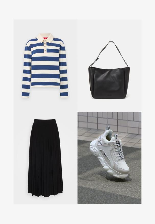Polo w paski z szerokimi granatowymi i kremowymi paskami, z kołnierzykiem i pięcioma dekoracyjnymi guzikami z przodu. Długie rękawy.; Czarna plisowana spódnica z wysokim, elastycznym pasem. Wykonana z miękkiego materiału, z pionowymi plisami, które tworzą zwiewny kształt.; Białe trampki wykonane z siateczki i skóry, z zaokrąglonym noskiem, grubą podeszwą, wyraźnymi sznurowadłami oraz logotypem na pięcie i języku.; Calvin Klein GRACIE czarny