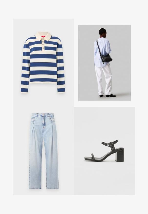Svītraina polo krekla ar platām tumši zilām un krēmkrāsas svītrām, ar apkakles apkakli un pieciem dekoratīviem pogām priekšpusē. Garas piedurknes.; Gaiši zilas džinsu bikses ar augstu jostasvietu, plats kāju griezumu, divām sānu kabatām un krokotā dizaina akcentiem. Mīksta tekstūra ar izdilušu apdari.; Melna ādas blokveida papēža sandle ar platu joslu pāri pirkstiem un regulējamu potītes siksniņu, ar elegantu, minimālistisku dizainu.; Melna ādas plecu soma ar mīkstu tekstūru, trīsstūra formu un regulējamu siksnu, apvienota ar gaiši zilu svītrotu krekli un baltām biksēm.
