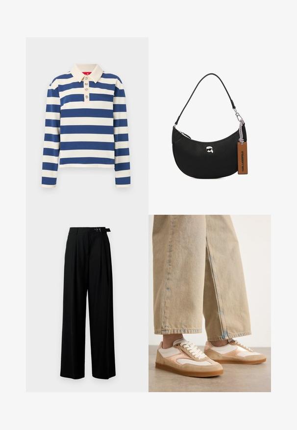 Gestreiftes Poloshirt mit breiten marineblauen und cremefarbenen Streifen, einem klassischen Kragen und fünf dekorativen Knöpfen auf der Vorderseite. Lange Ärmel.; Schwarze weit geschnittene Hosen mit hoher Taille, Falten an der Vorderseite und einem Gürtel mit Schnalle. Hergestellt aus glattem, leichtem Stoff.; Tannene und cremefarbene Sneakers mit einem Design aus Wildleder und Mesh, ausgestattet mit einer Schnürung und Gummisohlen, kombiniert mit weiten Jeans in Tan.; Schwarze Lederhandtasche mit einer genarbten Textur, geschwungener Form, Reißverschluss oben, silberner Hardware und einem braunen Etikett. Verfügt über ein Logo-Detail.