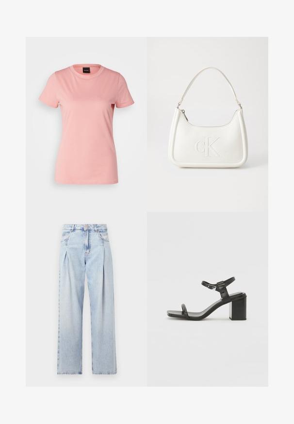 BOSS ELOGO - Marškinėliai su spaudiniu - light pastel pink; Šviesiai mėlyni džinsai su aukštu liemeniu, plačiomis kojomis, dviem šoninėmis kišenėmis ir raukinių dizainu. Minkšta tekstūra su nudilusia apdaila.; Juodas odinis blokinis kulnas sandalas su plačia juostele per pirštus ir reguliuojama kulkšnies juostele, pasižymintis elegantišku, minimalistiniu dizainu.; Balta odinė rankinė su išlenkta forma, su reljefiniu "CK" logotipu priekyje ir viena petneša. Užtrauktuko uždarymas viršuje.