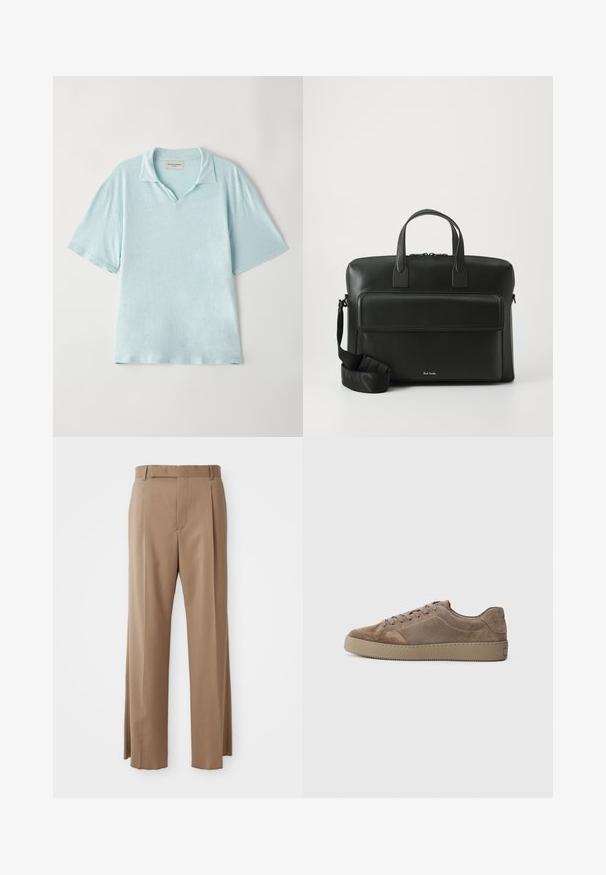 Světle modrá polo tričko s krátkým rukávem, límcem a volným střihem. Měkká textura látky s jemným melírováním.; Světle hnědé kalhoty na míru se rovnými nohavicemi, poutky na pásek, předním švem a skrytým zapínáním, položené na bílé pozadí.; Hnědé semišové nízké tenisky s plochou gumovou podrážkou, šněrováním a detailem prošívání, zobrazené z boku na jednobarevném pozadí.; Černá kožená aktovka s dvojitými horními držadly, přední kapsou a odnímatelným popruhem, s jemným brandingem ve spodní části.