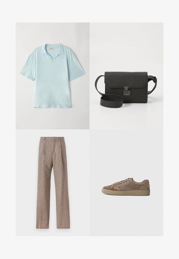Lys blå, kortermet polo skjorte med krage og avslappet passform. Myk, strukturert stoff med et subtilt heather-mønster.; Brune, høytlivs bukser laget av teksturert stoff. Har vide ben og to frontfold for struktur. Pen finish uten synlig maskinvare.; Brune semsket lave sneakers med flad gummisål, snørebåndslukning og syninger, vist fra siden på en ensfarvet baggrund.; Svart lær crossbody-veske med teksturert overflate, klaffelukk, metallbeslag og en matchende justerbar stropp.