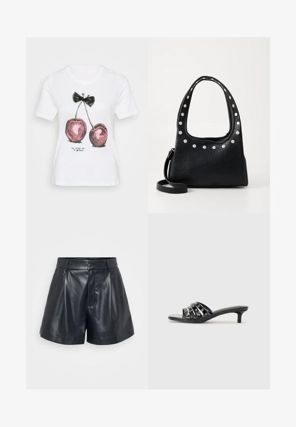 Bijela pamučna majica s crnom mašnom i ružičastim dizajnom trešnje s crnim obrubima. Ispod stoji tekst "la cerise sur le gâteau."; Crne kožne šortse s glatkom teksturom, krojem po mjeri, nabranim prednjim dijelom i petljama za remen; imaju skriveni zatvarač na bočnoj strani.; Crne sandale s visokom potpeticom s više sjajnih remena i metalnim detaljima, s uskim vrhom i skromnim kitten potpeticama. Glatka tekstura.; Crna teksturirana kožna torba s srebrnim zakovicama duž gornjeg ruba i ručki, s kratkom ručkom i odvojivim remenom.; Srebrna kružna naušnica s poliranim završetkom, koja ima male zlatne detalje i okrugli oblik, nošena na uhu.