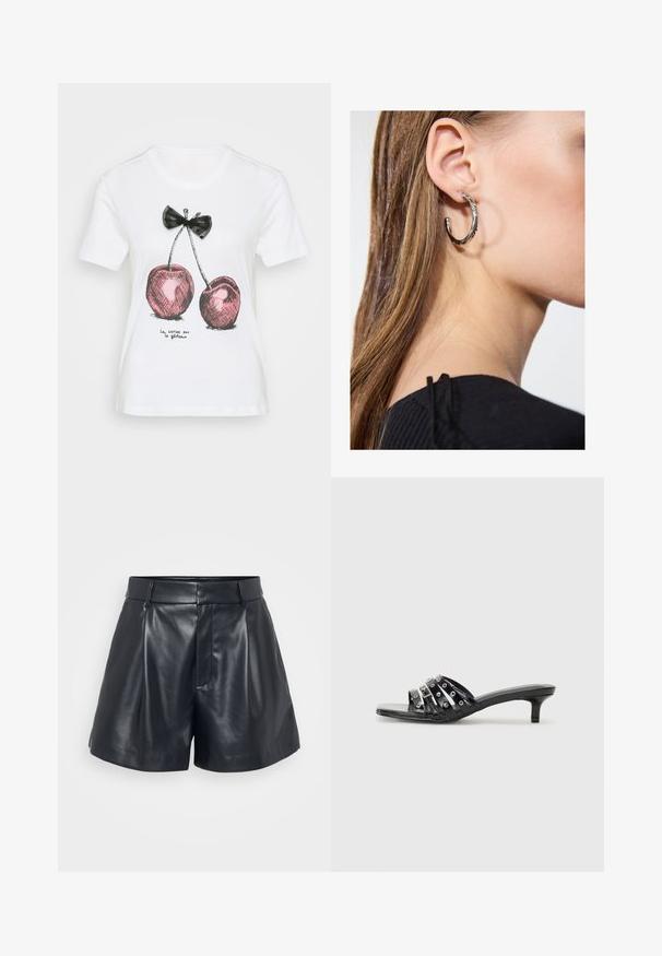 Witte katoenen t-shirt met een zwart strik en roze kers ontwerp met zwarte omtrekken. Onder de tekst staat "la cerise sur le gâteau."; Zwarte leren shorts met een gladde textuur, op maat gemaakte stijl, geplooide voorkant en riemlussen; beschikt over een verborgen ritszak aan de zijkant.; Zwarte hoge sandaaltjes met meerdere glanzende banden en metallic accenten, met een puntige neus en bescheiden kitten heels. Gladde textuur.; Zilveren oorbel met een gepolijste afwerking, met kleine gouden accentdetails en een ronde vorm, gedragen op de oorlel.