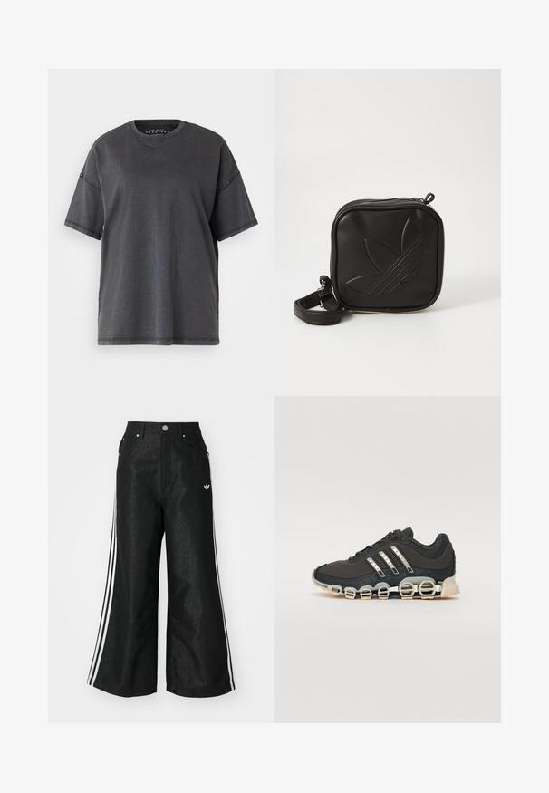 T-shirt en coton noir surdimensionné avec col rond, manches courtes et détails de couture visibles sur les épaules et l'ourlet.; Pantalon en denim large noir avec trois accents de rayures blanches de chaque côté et un petit logo blanc. Dispose de poches avant et d'une fermeture à bouton.; Chaussure de sport noire avec un dessus texturé, trois bandes argentées et une semelle amortissante distinctive comportant plusieurs sections intégrées.; Sac bandoulière noir en matériau synthétique texturé. Présente un design de logo en relief et une bandoulière réglable. Fermeture zippée.
