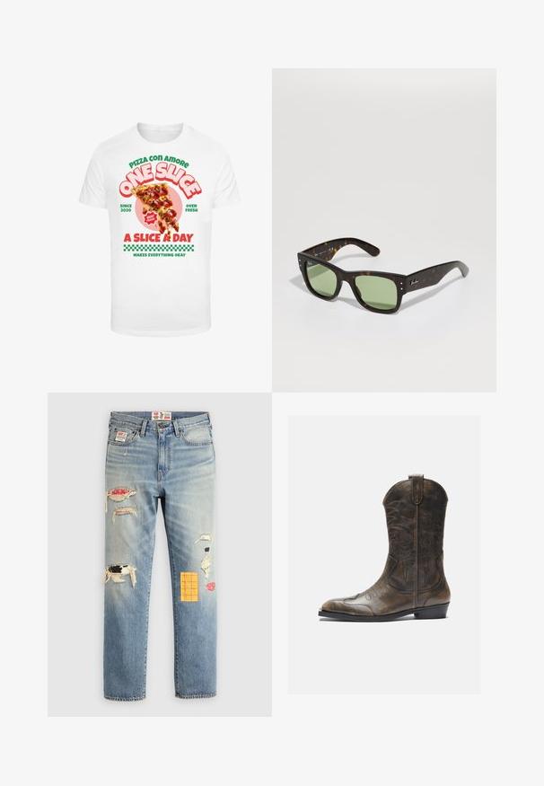 Bílý tričko s grafikou pizzy s pepperoni, doplněné barevným textem a kostičkovaným vzorem na spodním okraji.; Svetle modré džíny s volným střihem, s vybledlými nášivkami v různých barvách a designech, včetně oranžových a červených akcentů.; Hnědé kožené kovbojské boty s vysokým sálem, špičatou špičkou, složitými vyšívanými vzory a malým podpatkem. Texturovaný povrch po celé délce.; Hnědé želvovinové sluneční brýle se zelenými čočkami, čtvercový tvar a kovové akcenty. Obsahují logo na levém rameni. Matný povrch.
