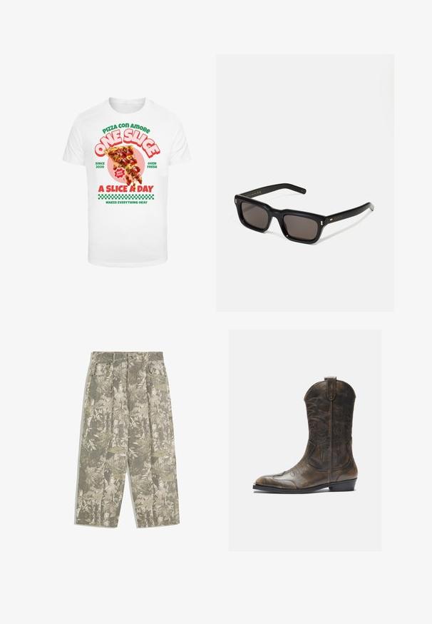 Valkoinen T-paita, jossa on graafinen printti pepperonipizzan viipaleesta, värikkään tekstin ja ruudullisen kuvion kanssa alaosassa.; Vihreät ja beige camouflaged lehden ja kuoren kuvioiset cargo-housut, joissa on leveät lahkeet, etutaskut ja vyölenkit.; Ruskea nahkainen cowboy-saapas, jossa on korkea varsi, terävä kärki, monimutkaiset ompelukuvioinnit ja pieni korko. Pintakuviointi kauttaaltaan.; Mustat suorakulmaiset aurinkolasit tummilla linsseillä, paksu muovikehys, kultaiset korostukset temppeleissä ja brändin logo kaiverrettuna varteen.