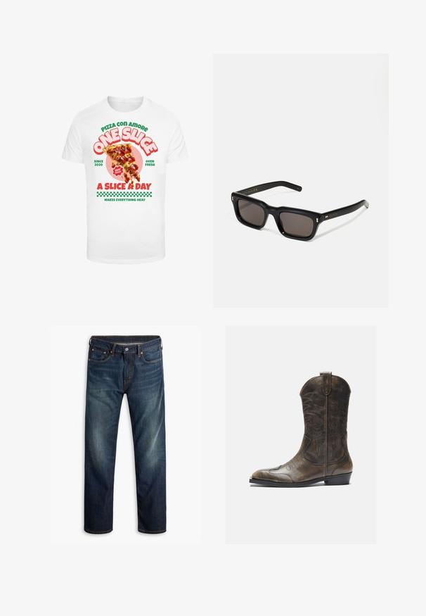 Hvit t-skjorte med grafisk trykk av en pizzaskive med pepperoni, akkompagnert av fargerik tekst og et rutete mønster nederst.; Mørkeblå denimjeans med lett falming på lårene, femlommers design, knappelukking og synlig oransje søm på hvit bakgrunn.; Brune lær cowboy støvler med høy skaft, spiss tå, intrikate broderimønstre og en liten hæl. Teksturert finish overalt.; Sorte rektangulære solbriller med mørke linser, tykk plastikkramme, gullaccenter på skulderpartiet og merkevarelogo gravert på armen.