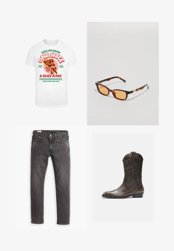 Tricou alb cu o imprimeu grafic reprezentând o felie de pizza cu pepperoni, însoțit de text colorat și un model în carouri în partea de jos.; Jeanși gri din denim cu croi drept, design cu cinci buzunare și închidere cu buton. Au o ușoară decolorare și cusături tonale pe toată suprafața.; Botă de cowboy din piele maro cu un gât înalt, vârf ascuțit, modele complicate de cusături și un toc mic. Finisaj texturat pe întreaga suprafață.; Ochelari de soare din scoică cu rame rectangulare, lentile portocalii și balamale cu accente de aur. Material plastic ușor.