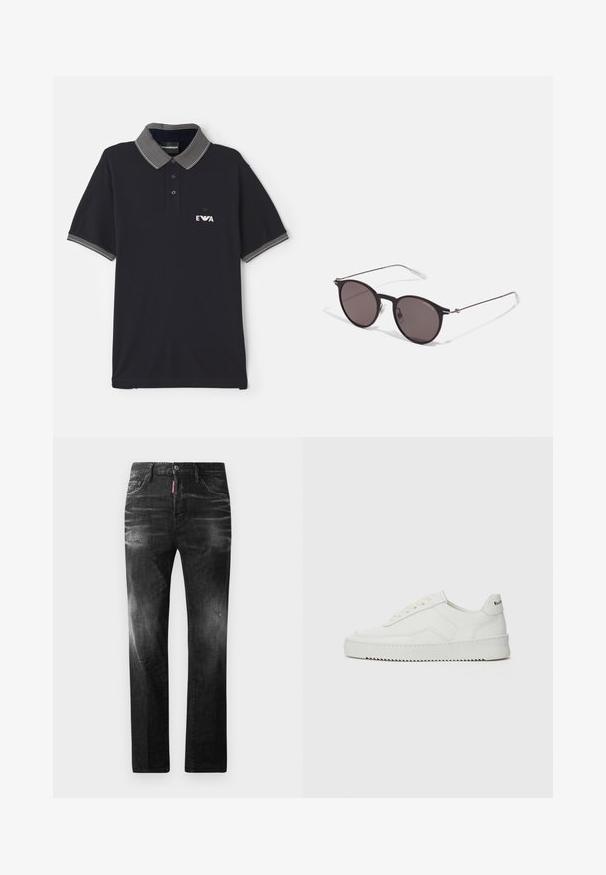 Polo shirt blu navy in cotone con colletto a righe. Presenta tre bottoni, maniche corte e un logo sul lato sinistro del petto.; Jeans in denim nero con vestibilità dritta. Presentano aree sbiadite, leggeri segni di usura, classico design a cinque tasche e chiusura con bottone.; Sneaker in pelle bianca con una finitura liscia, punta rotonda, lacci piatti e suola testurizzata. Presenta un logo discreto sul tallone.; Occhiali da sole neri rotondi con lenti scure e sottili bracci in metallo. Include punte trasparenti e accenti argentati alla cerniera. Design minimalista.