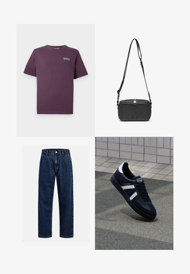 Dunkelviolettes Baumwoll-T-Shirt mit kurzen Ärmeln, Rundhalsausschnitt und einem kleinen 'Spell Bound'-Logo in Weiß auf der linken Brust.; Dunkelblaue Denim-Jeans mit geradem Bein. Mit sichtbaren Nähten, einem Knopfverschluß und Frontfalten für zusätzliche Details.; Schwarze Leder-Sneaker mit weißen Streifen, strukturiertem Gummisohle und Schnürung. Verfügt über ein Markenetikett auf der Zunge.; Schwarze Leder-Crossbody-Tasche mit einem Reißverschluss, geprägtem Logo auf der Vorderseite und verstellbarem Riemen. Glatte Textur mit rechteckiger Form.