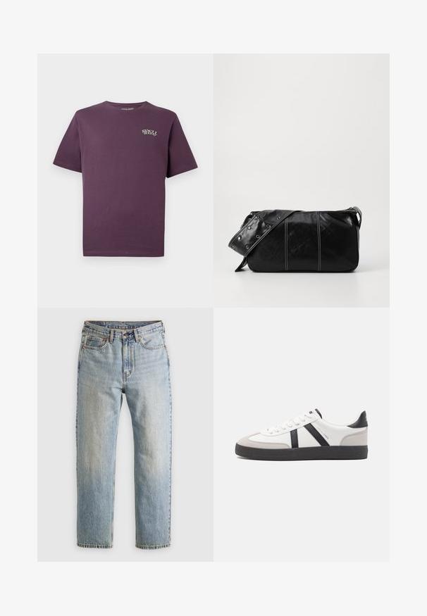 T-paita tumman violetista puuvillasta, jossa on lyhyet hihat, pyöreä kaula-aukko ja pieni valkoinen 'Spell Bound' -logo vasemmassa rinnassa.; Vaaleansininen farkut, joissa on korkea vyötärö, etunappi, vetoketju ja viisi taskua, asetettu tasaisesti neutraalille taustalle.; Valkoiset lenkkarit mustilla ja harmailla yksityiskohdilla, joissa on teksturoitu harmaa kärki, musta kumipohja ja litteät valkoiset nauhat. Siisti muotoilu, minimalistinen tyyli.; Mustakulmainen nahkainen olkalaukku, jossa on vetoketjukiinnitys, teksturoitu pinta, valkoiset ompeleet ja hihna, jossa on hopeiset niitit.